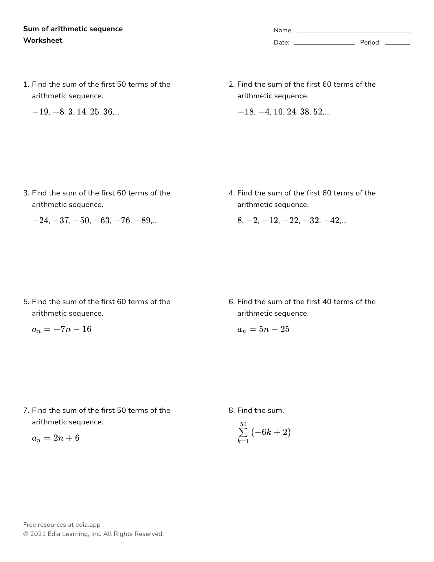 Sum Of Arithmetic Sequence Worksheet Sum Of Arithmetic Sequence Worksheet