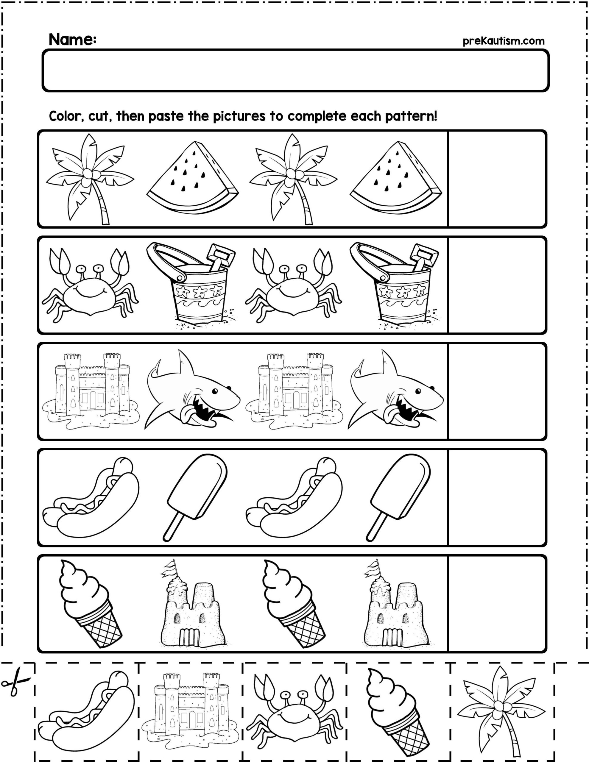 Summer Objects AB Pattern Worksheets 10 Pages By PreKautism TPT