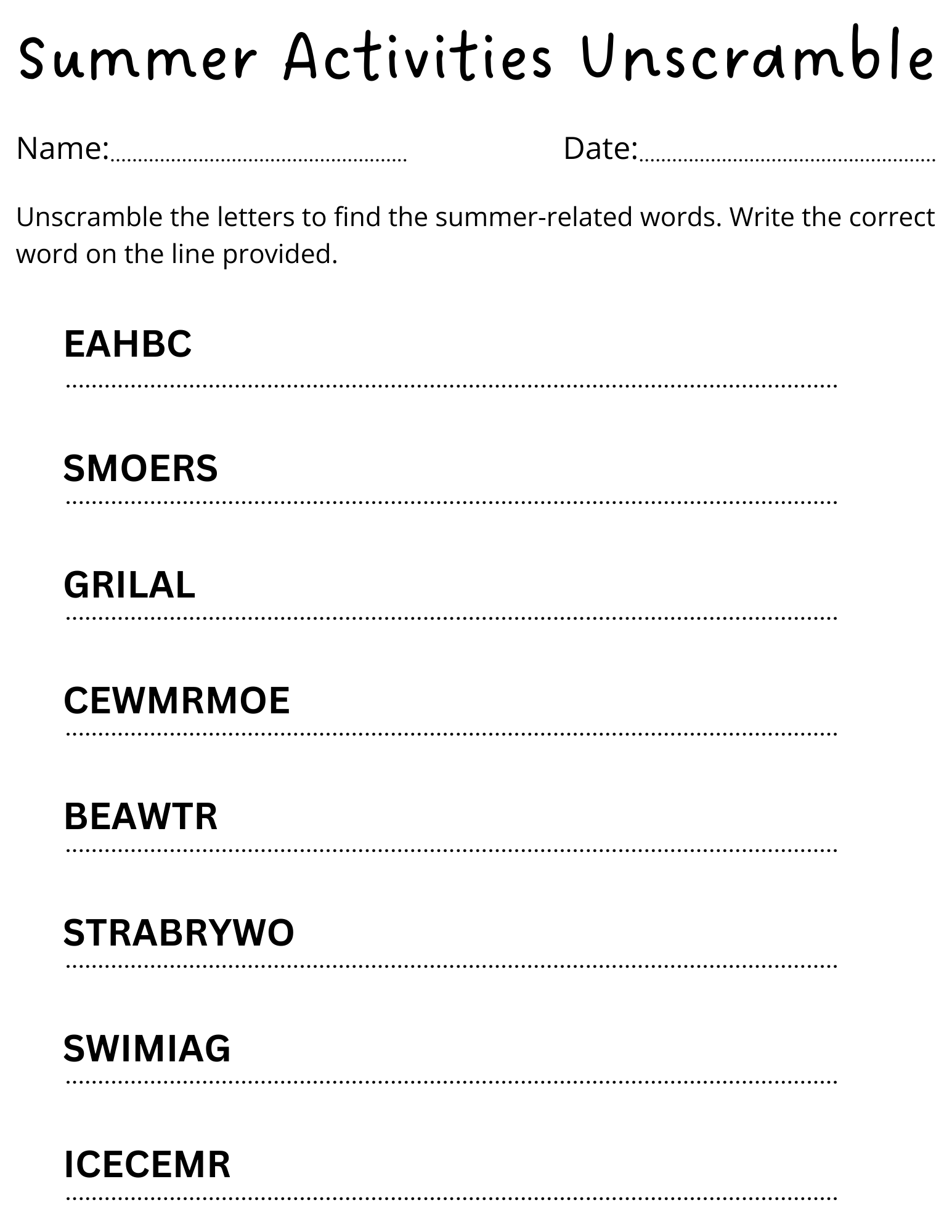 unscramble words with answers worksheet