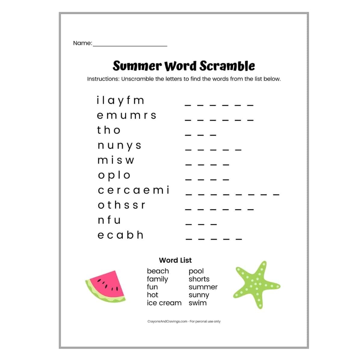 Summer Word Scramble FREE Printable With Answer Key Summer Word Scramble FREE Printable With Answer Key