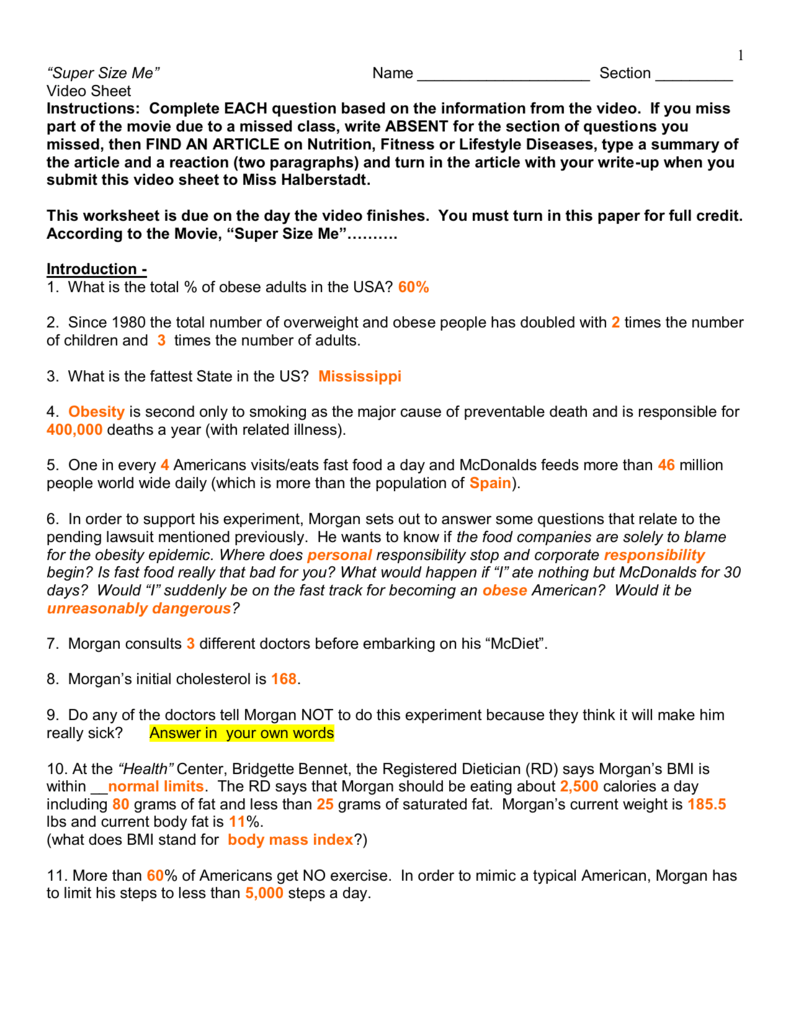 Super Size Me Video Sheet Nutrition Health Analysis