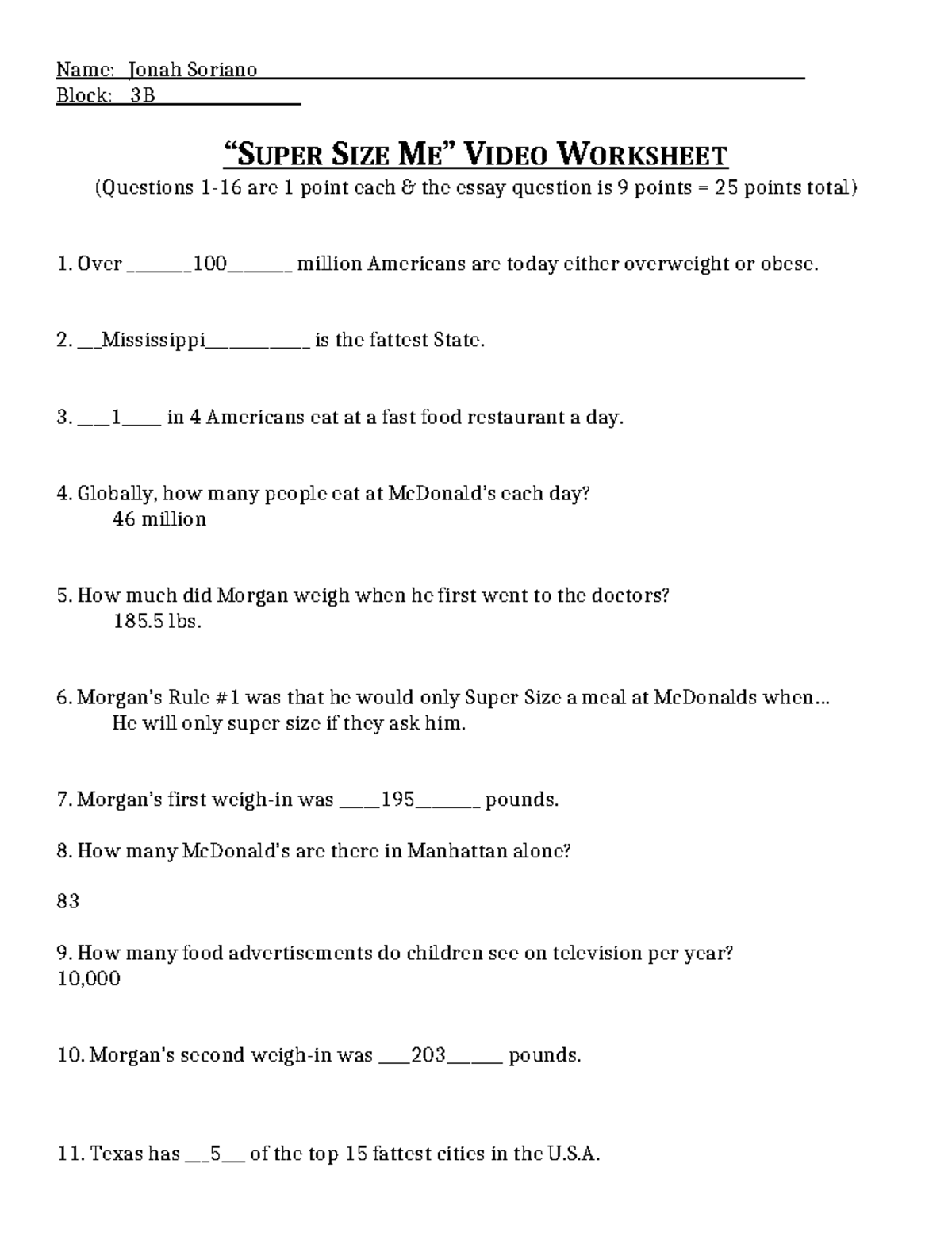 Super Size Me Video Worksheet Questions And Answers Studocu