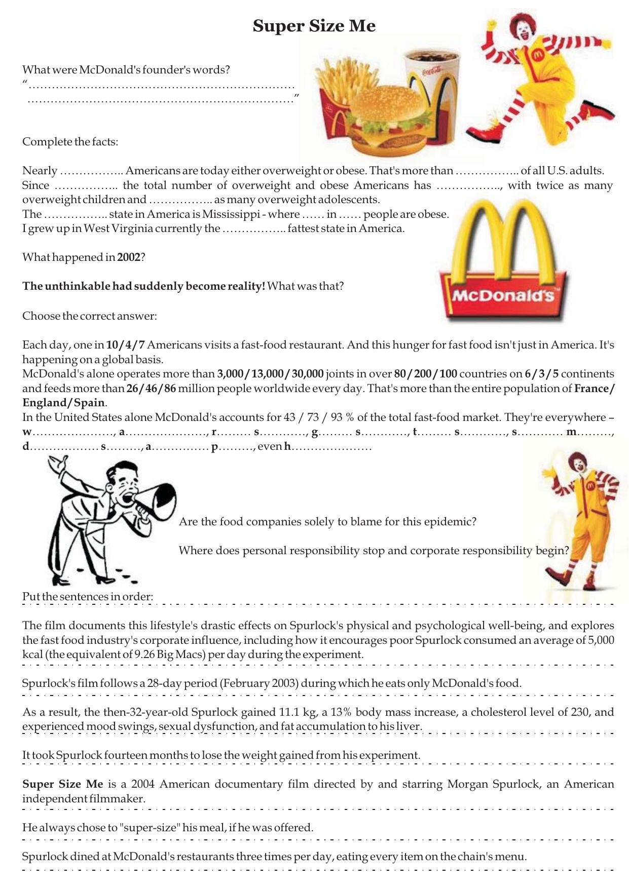 Super Size Me Worksheet Fast Food Health