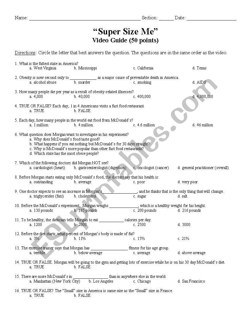 Supersize Me Video Guide ESL Worksheet By Khiler