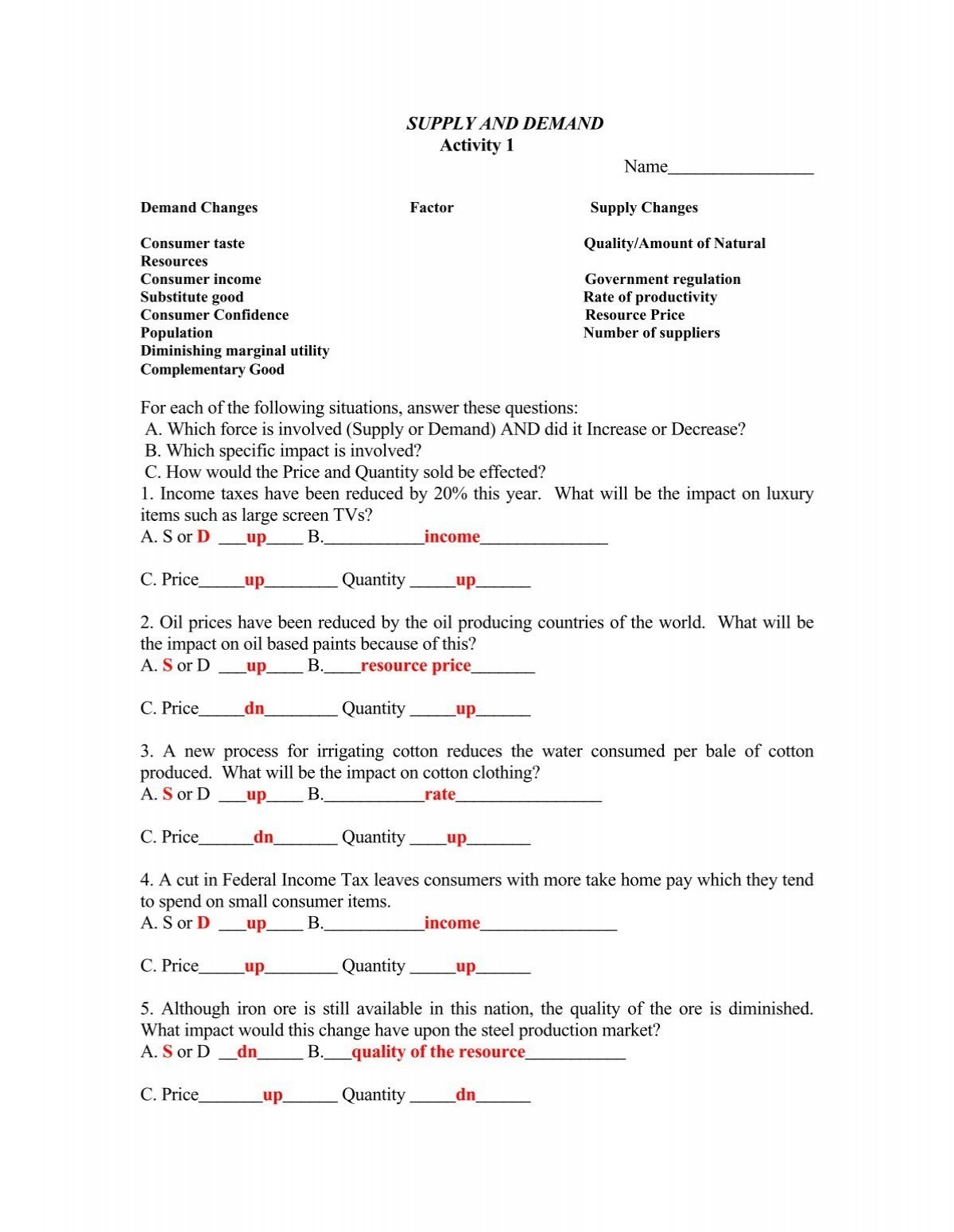 demand worksheet answer key