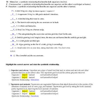 Symbiosis Worksheet Understanding Relationships In Nature Studocu