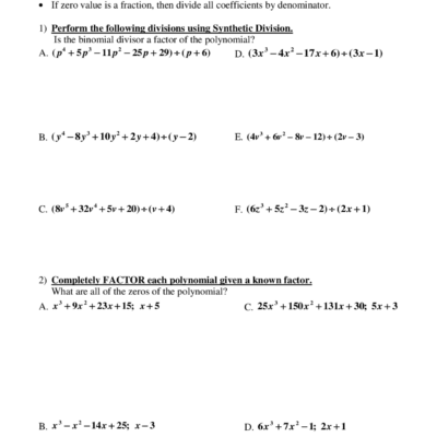 SYNTHETIC DIVISION WORKSHEET Exercises Calculus Docsity