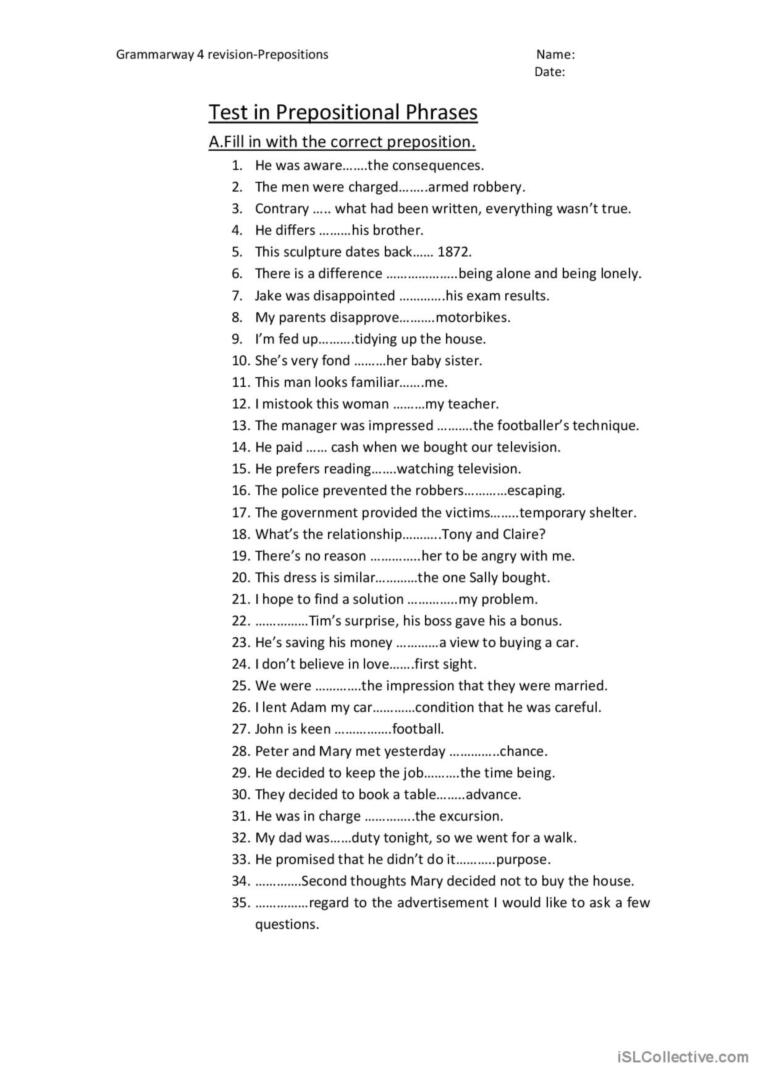 Test In Prepositional Phrases English ESL Worksheets Pdf Doc