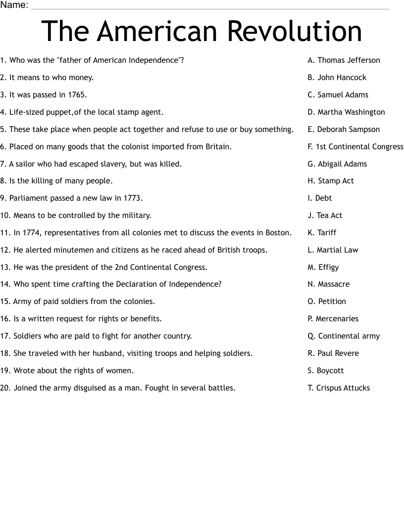 The American Revolution Worksheet WordMint