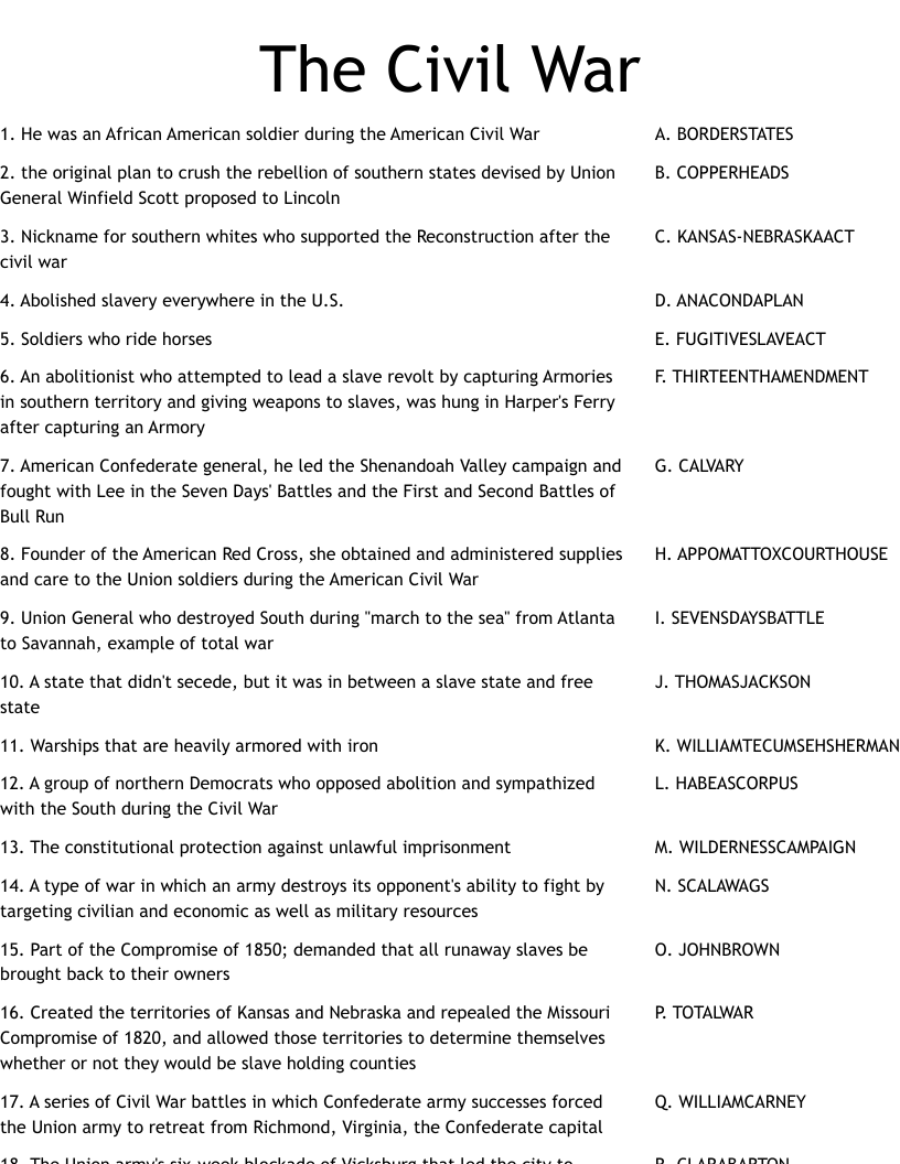 The Civil War Worksheet WordMint