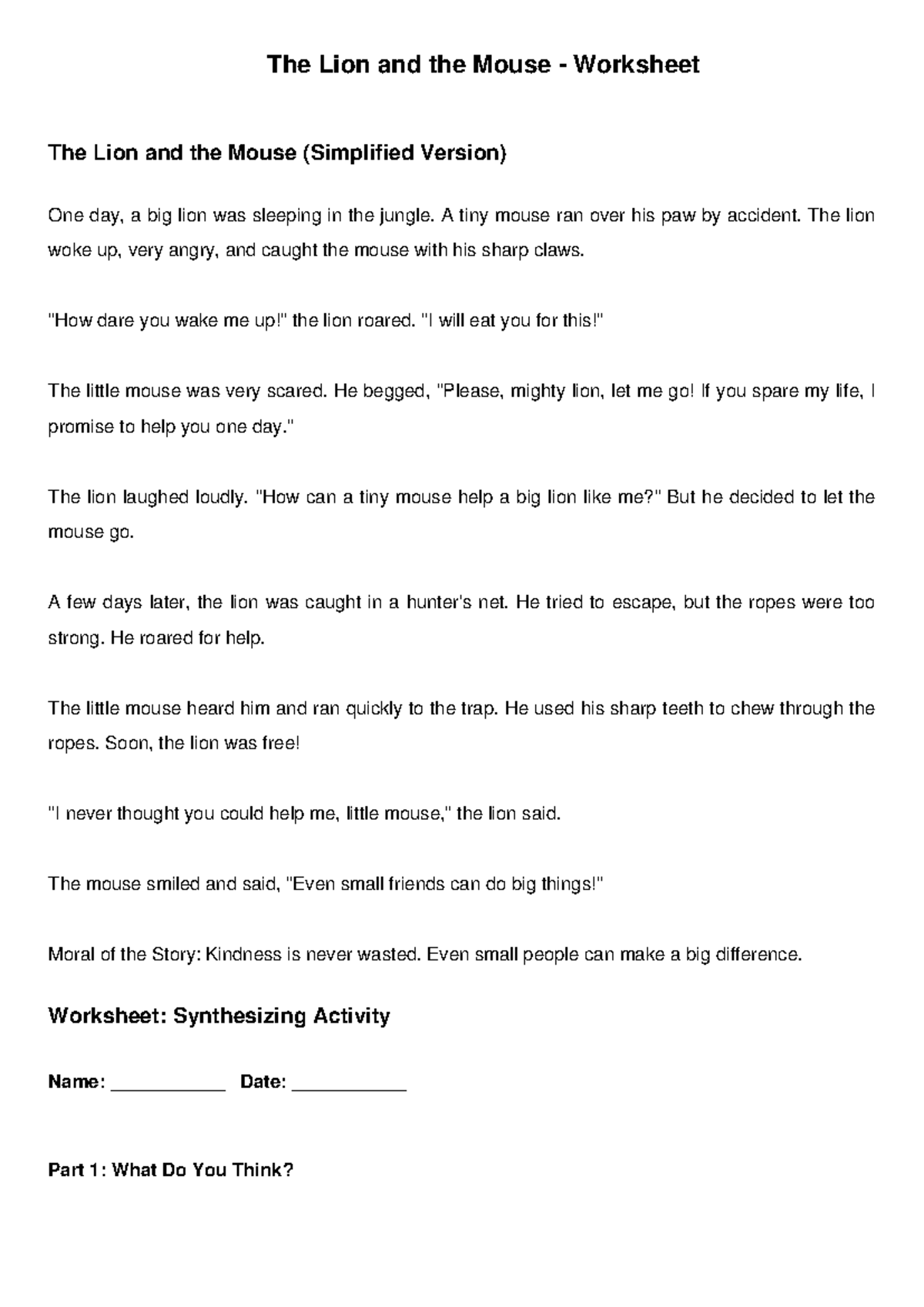 The Lion And The Mouse Worksheet Activity For Students Studocu The Lion And The Mouse Worksheet Activity For Students Studocu