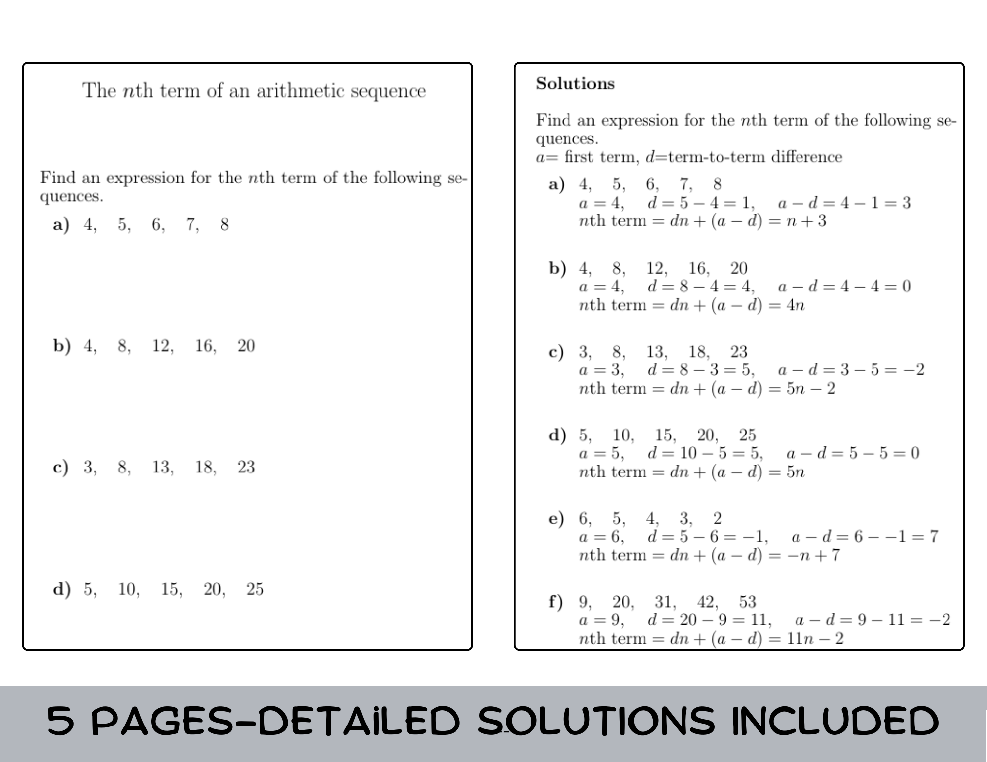 The Nth Term Of An Arithmetic Sequence Worksheet with Solutions Teaching Resources