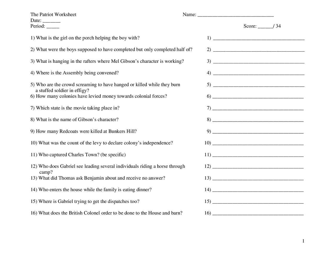 The Patriot Movie Guide Questions Jaylan Flen The Patriot Movie Worksheets Library