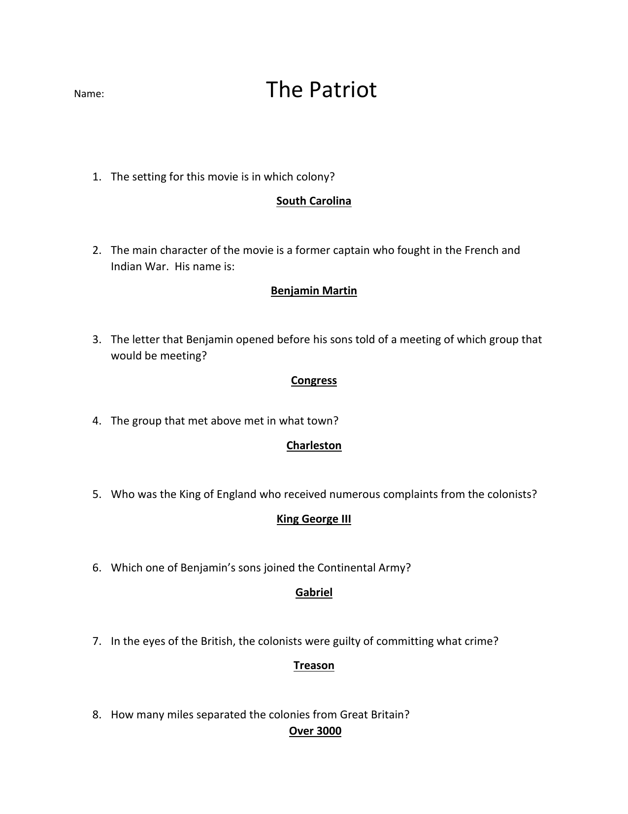 the patriot movie worksheet answer key