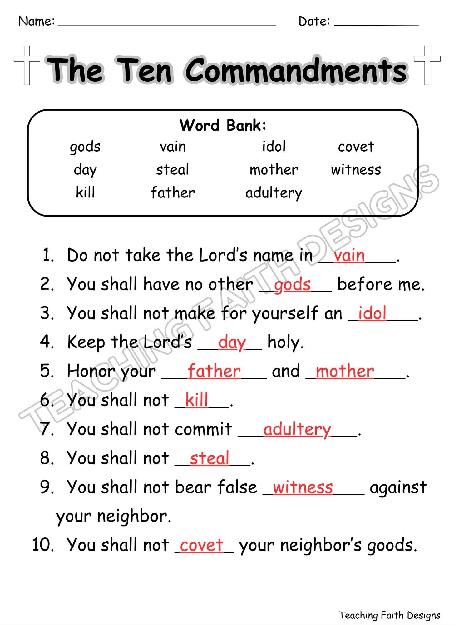 The Ten Commandments Fill In The Blank Worksheet For Kids ANSWER KEY INCLUDED Etsy