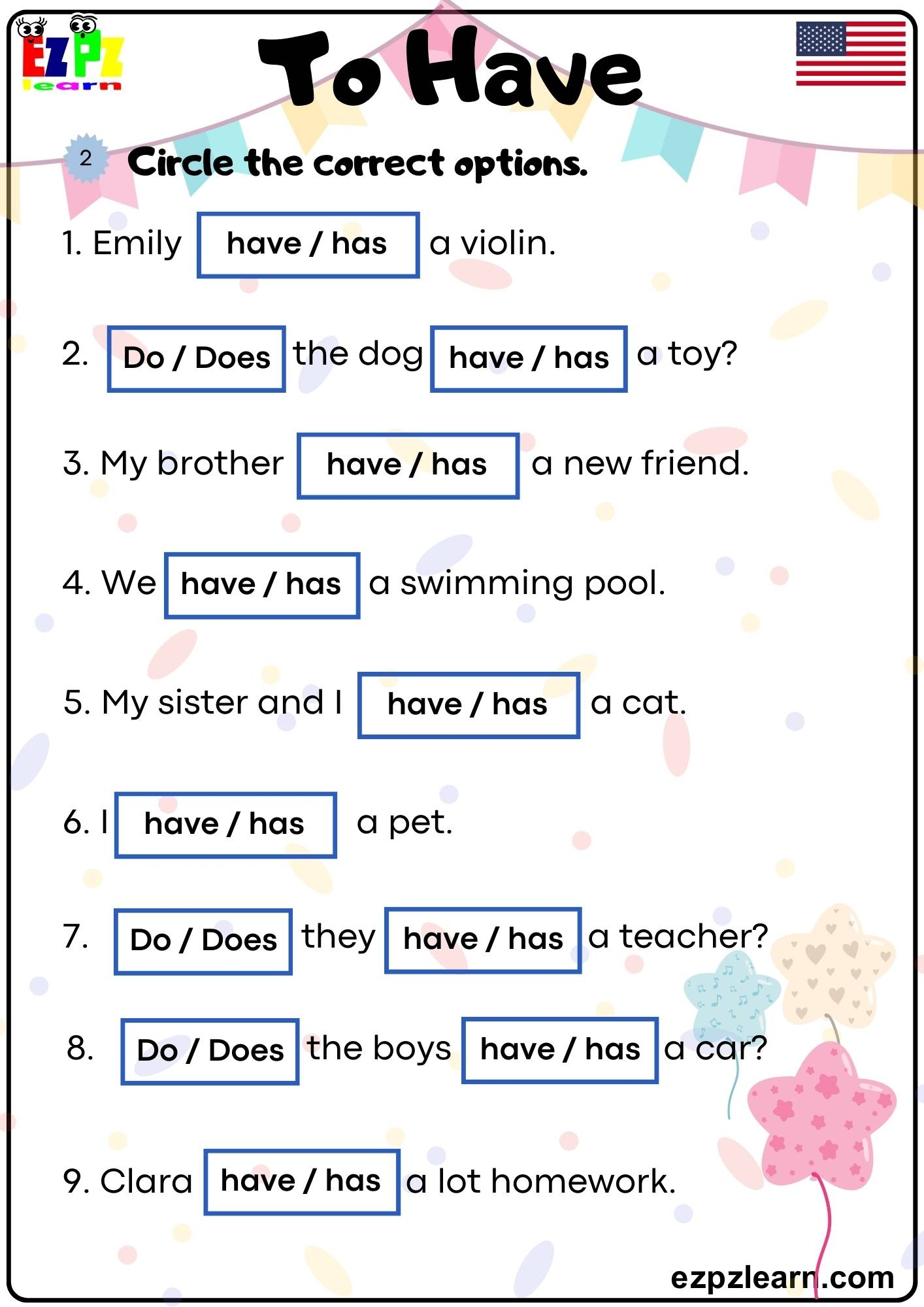 The Verb To Have Circle The Correct Answers Grammar Worksheet Pdf Ezpzlearn