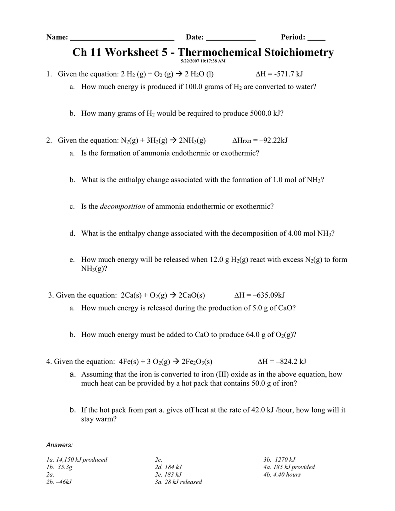 Thermochemical Stoichiometry Worksheet High School Chemistry