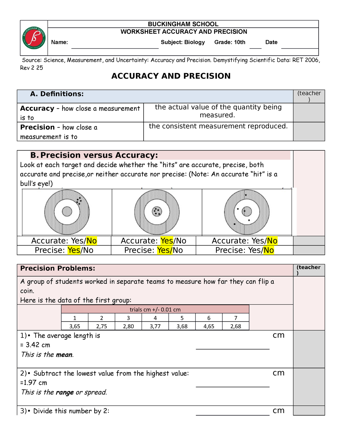 Topic 0 Accuracy Worksheet Virtual 2021 BUCKINGHAM SCHOOL Worksheets Library
