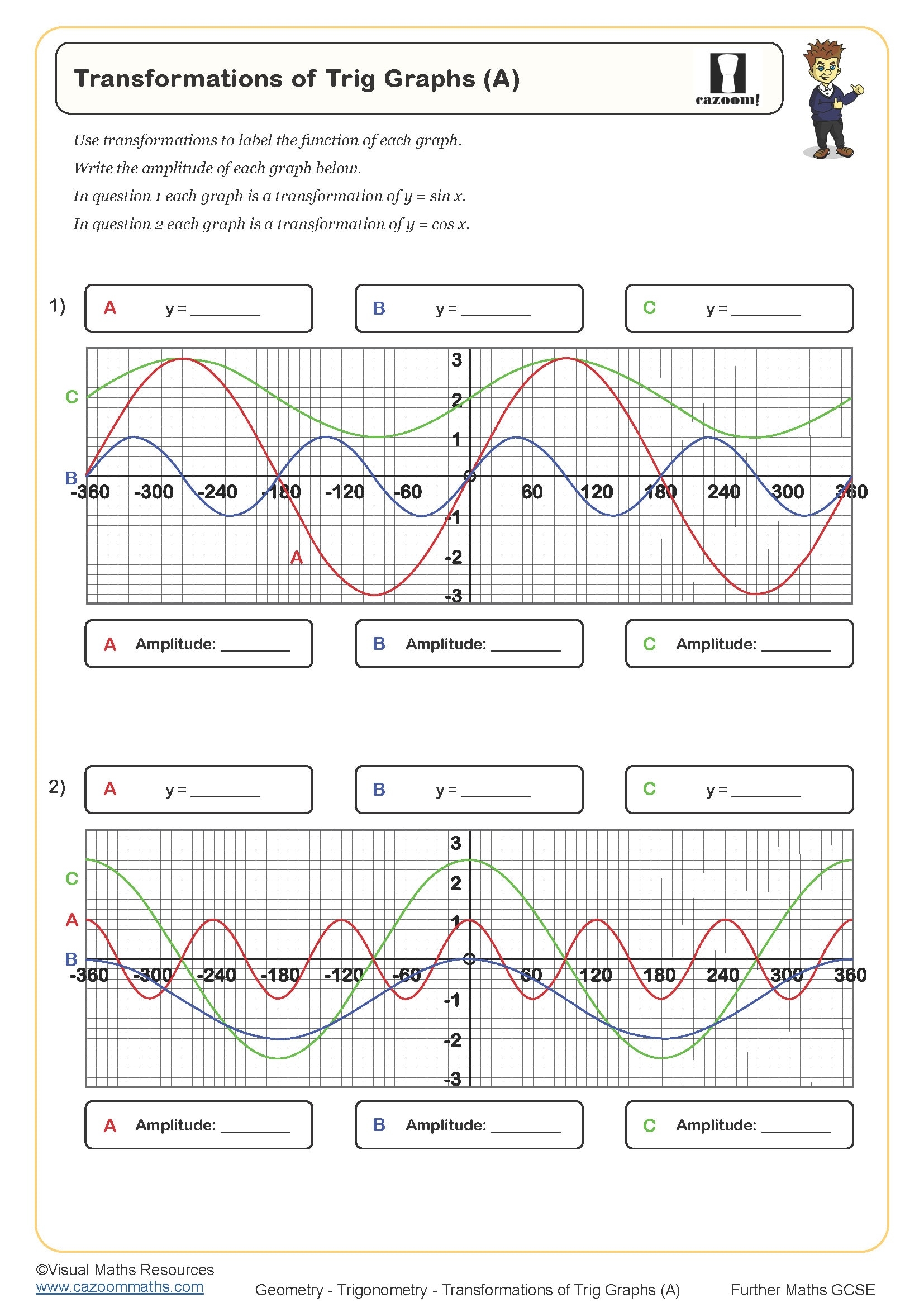 Transformations Of Trig Graphs A Worksheet Cazoom Maths Worksheets Transformations Of Trig Graphs A Worksheet Cazoom Maths Worksheets