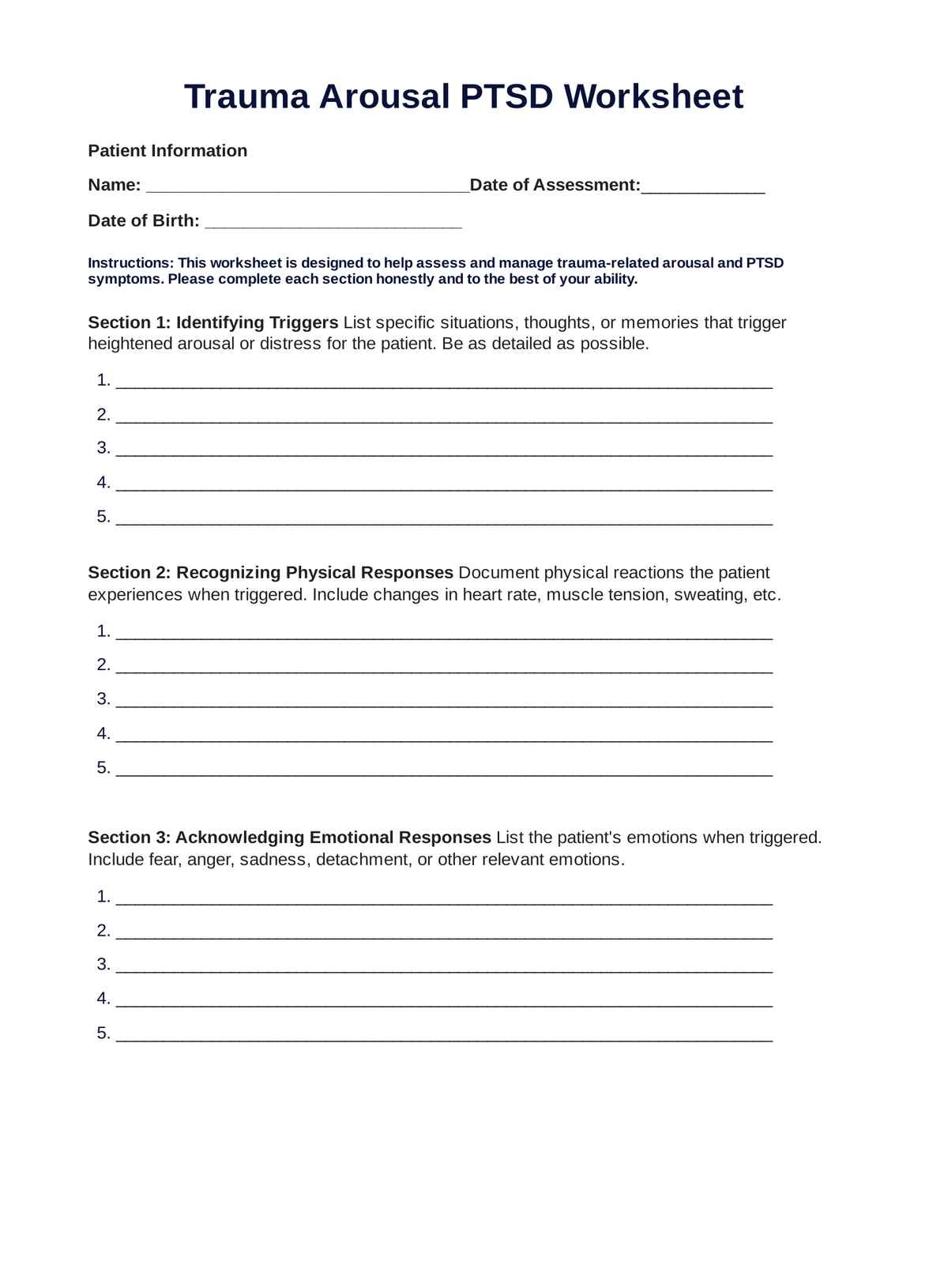 Trauma Arousal PTSD Worksheet