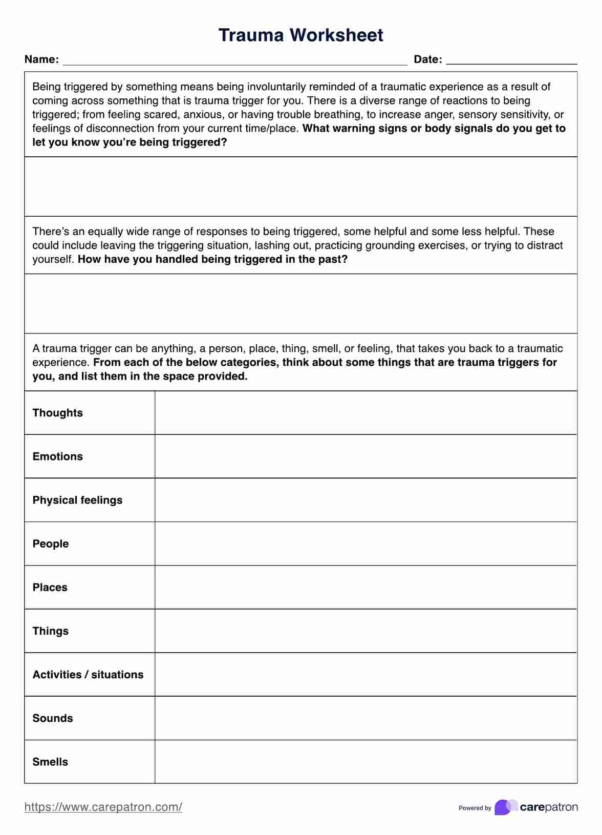 Trauma Worksheets