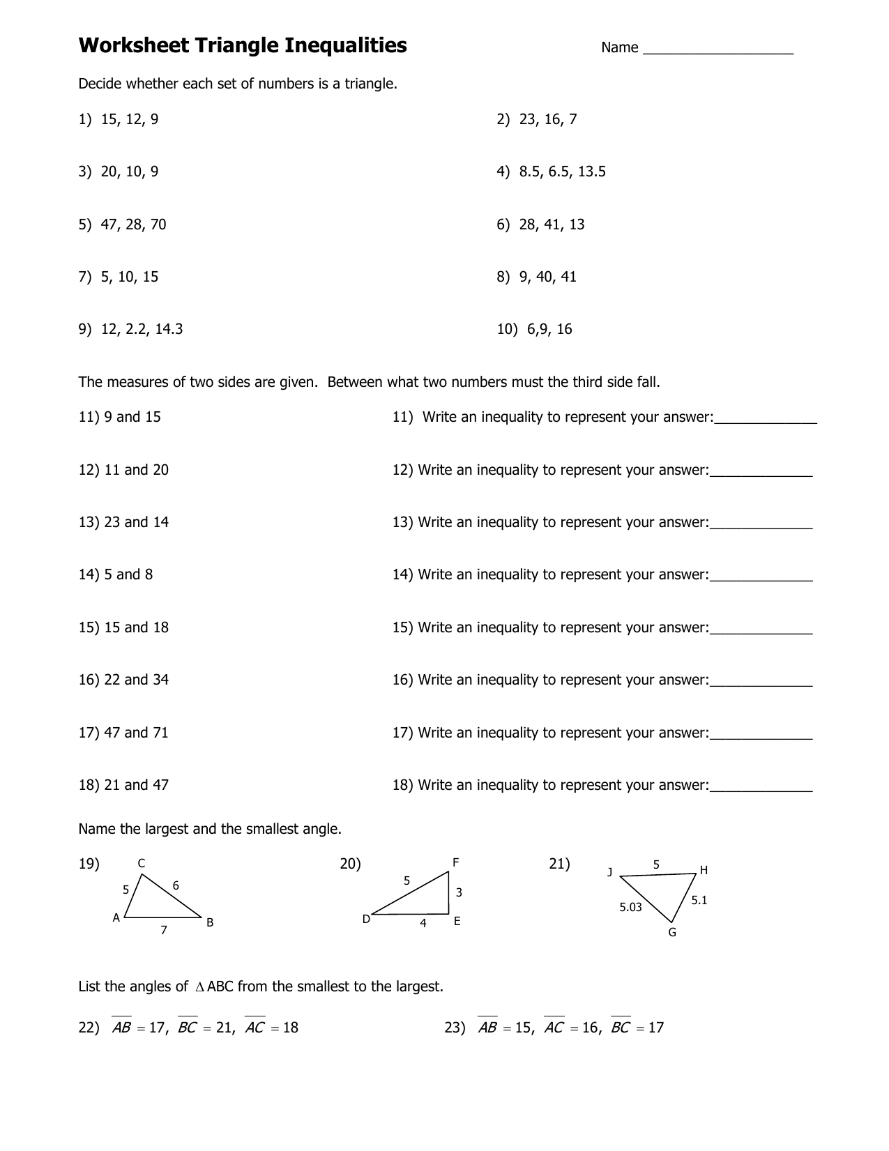 Triangle Inequalities Worksheet