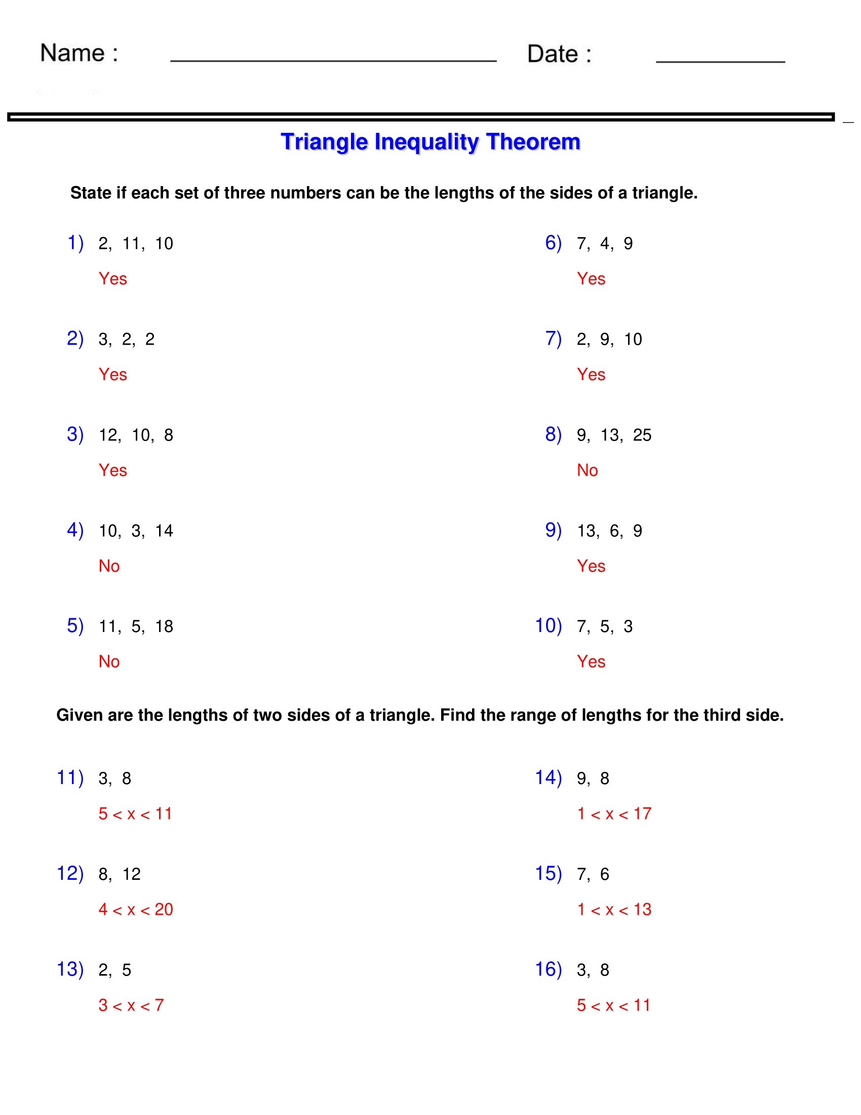 Triangle Inequality Theorem Triangle Worksheets Made By Teachers
