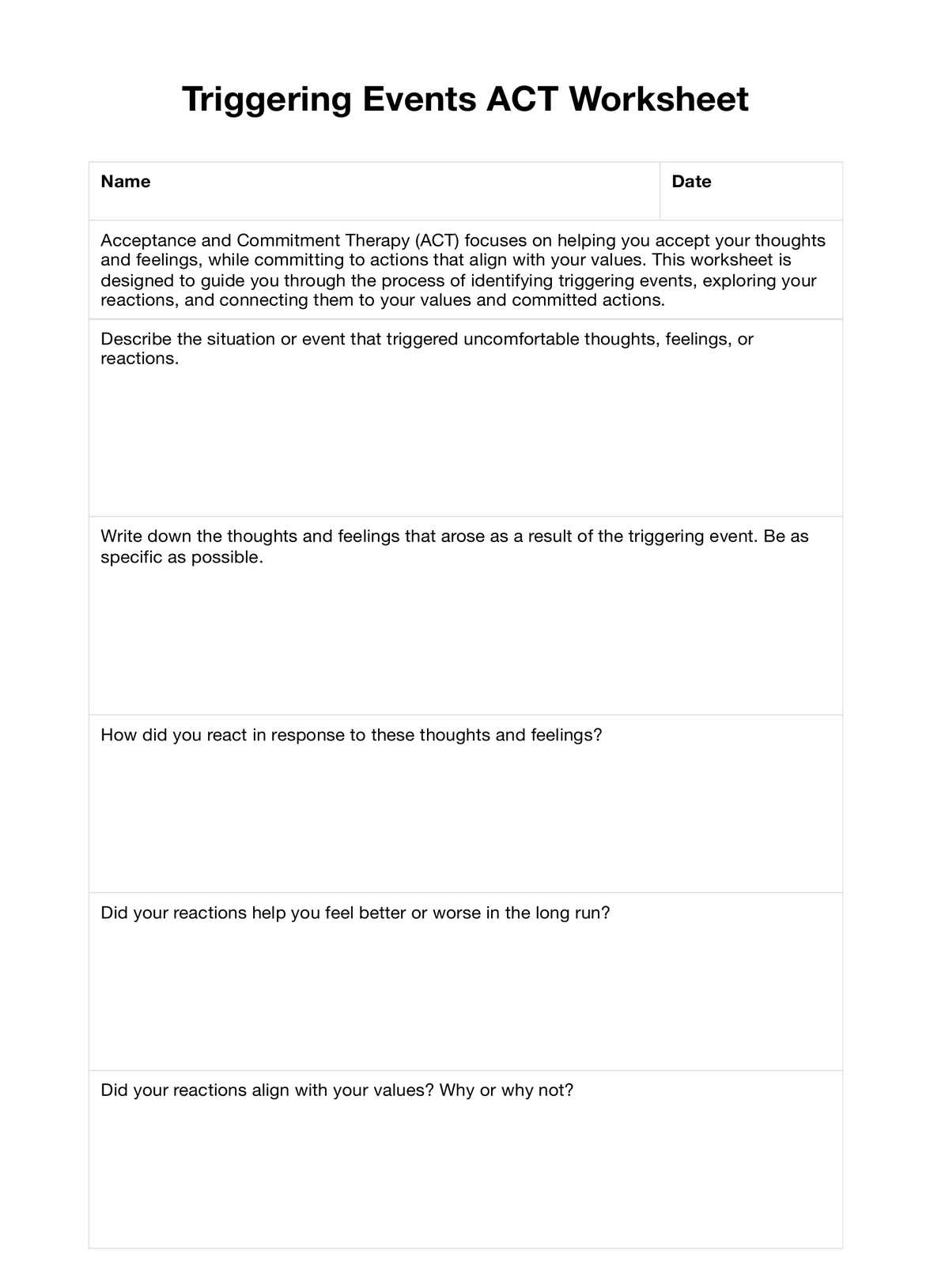 Triggering Events ACT Worksheet Triggering Events ACT Worksheet