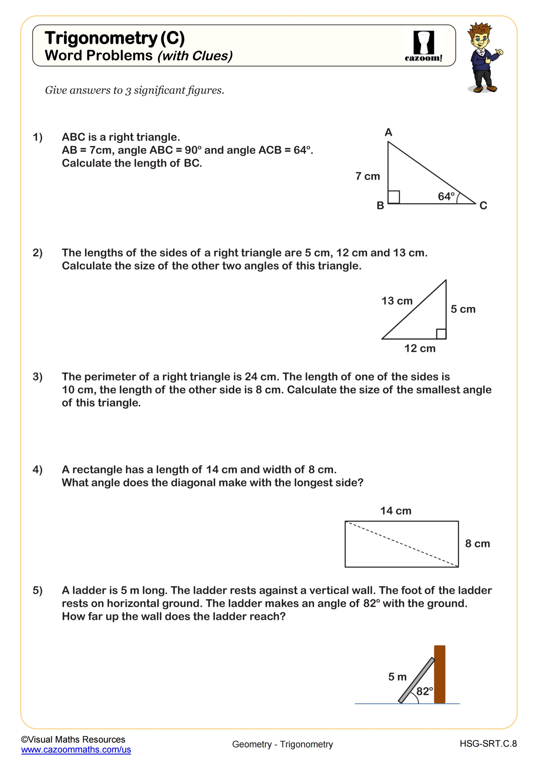 Trigonometic Ratios SOH CAH TOA Word Problems With Clues Worksheet PDF Printable Geometry Worksheet Cazoom Math