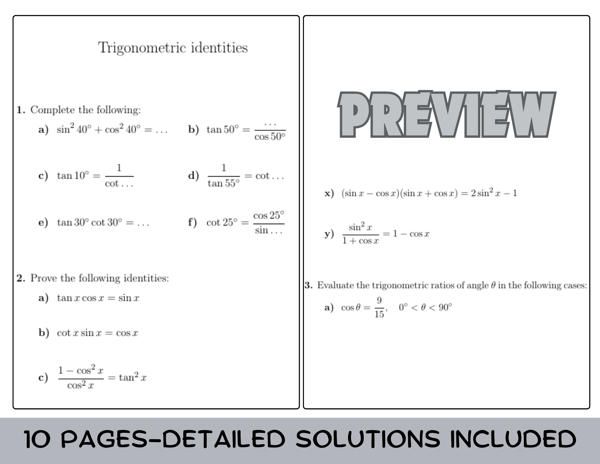 Trigonometric Identities Worksheet with Solutions Teaching Resources