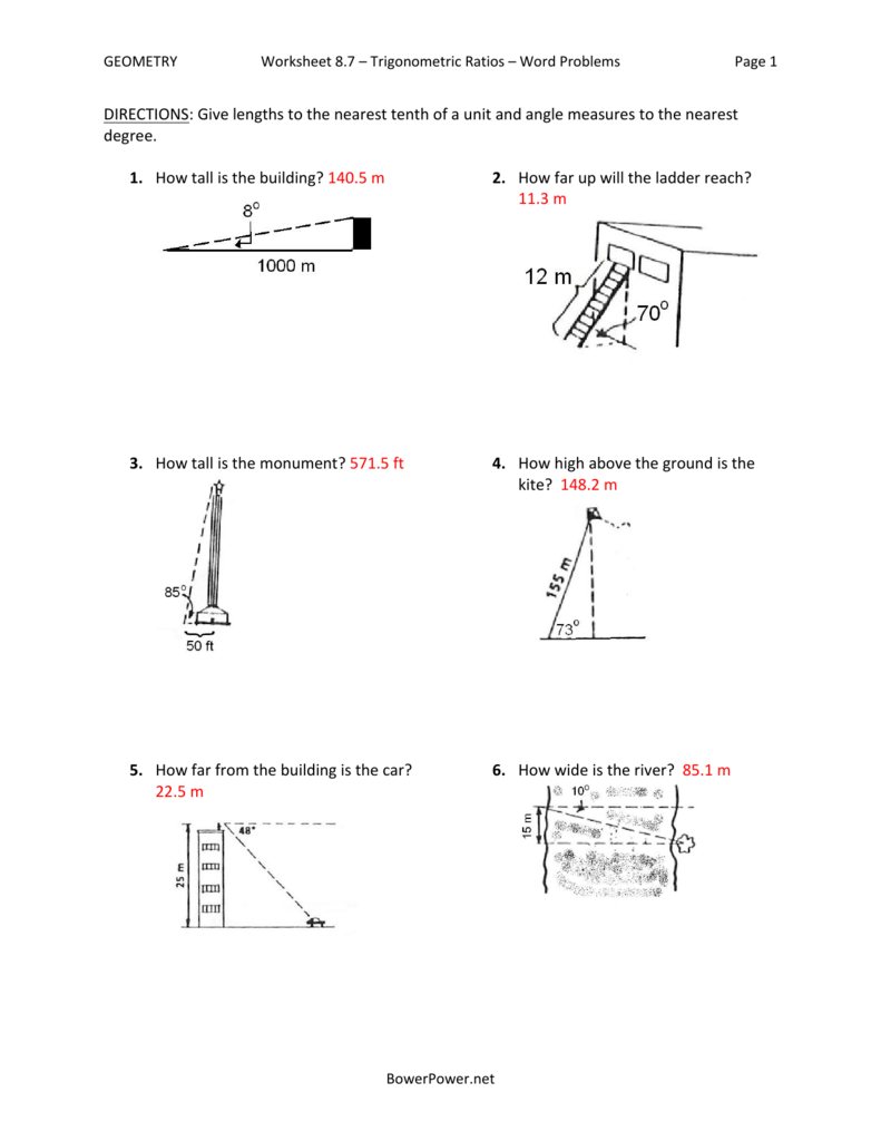 Trigonometric Ratios Word Problems Worksheet