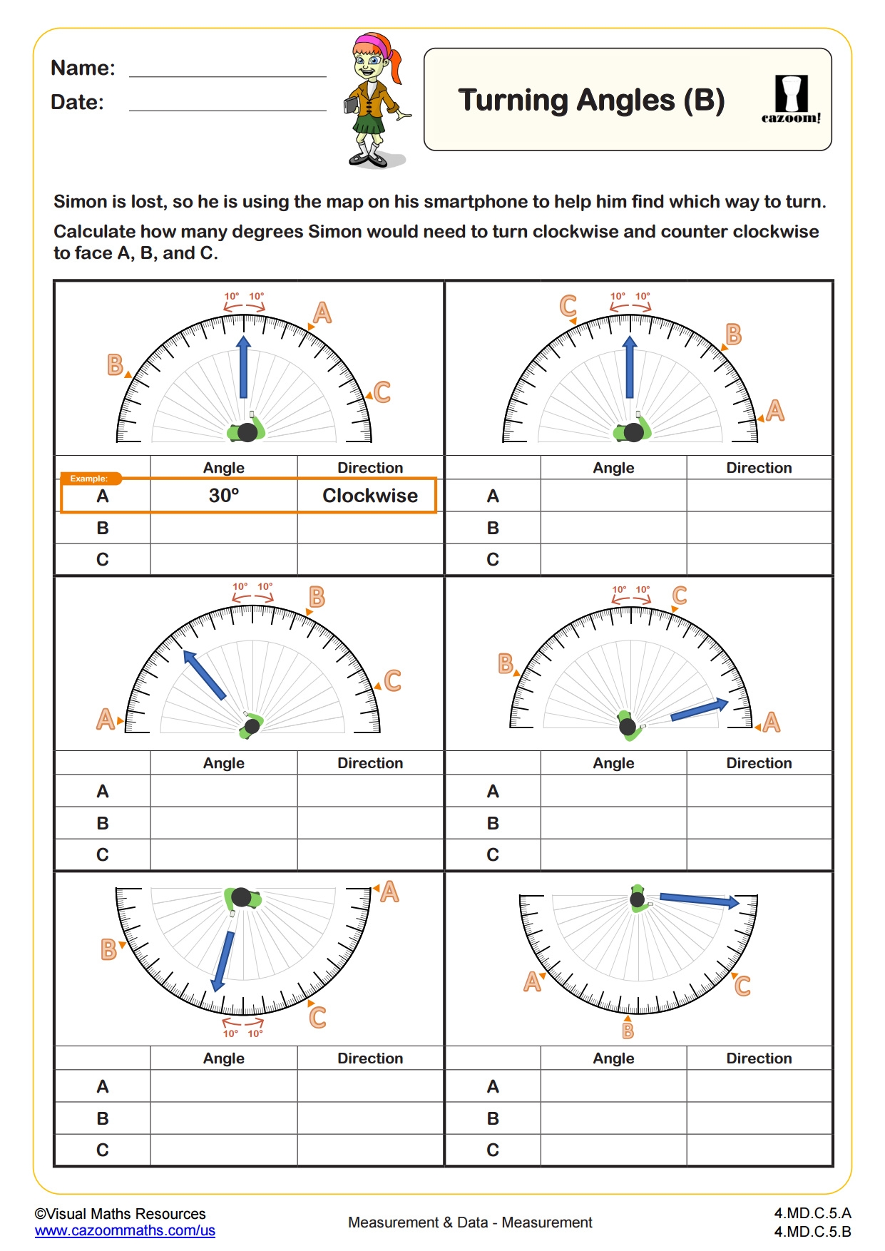 Turning Angles A PDF Printable Measurement And Data Worksheets Cazoom Math