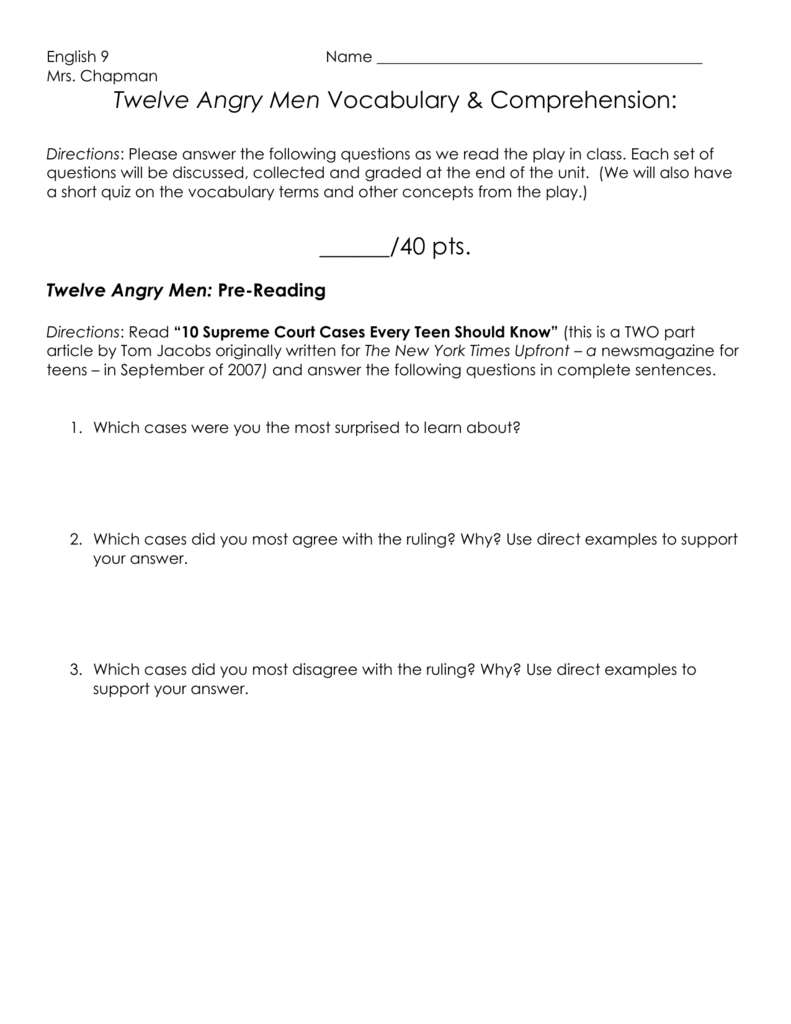 Twelve Angry Men Vocabulary Comprehension Worksheet Twelve Angry Men Vocabulary Comprehension Worksheet