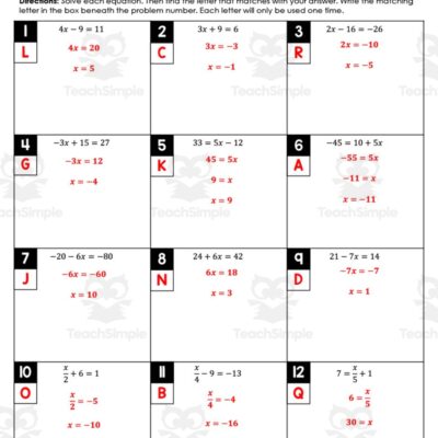 Two Step Equations Solve Match Worksheet By Teach Simple