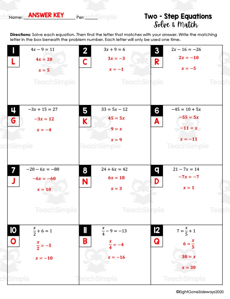 two step equations worksheet with answers
