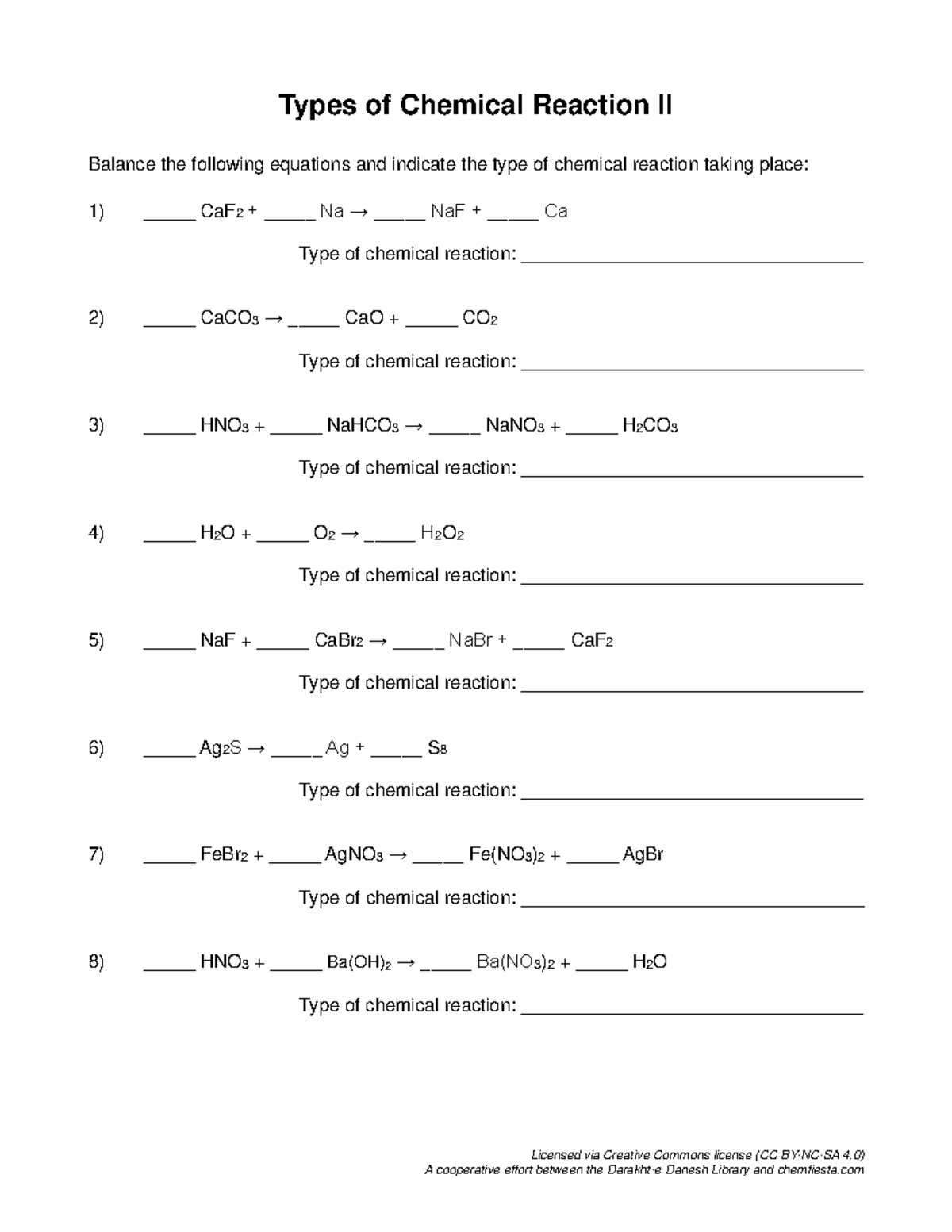 Types Of Chemical Reactions II Balancing Equations And Answers Studocu