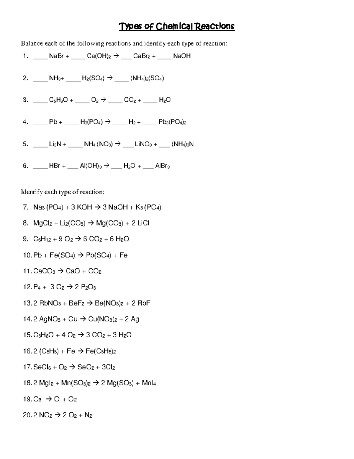 Types Of Reactions Worksheet 2 Types Of Chemical Reactions Balance Each Of The Following Reactions Studocu