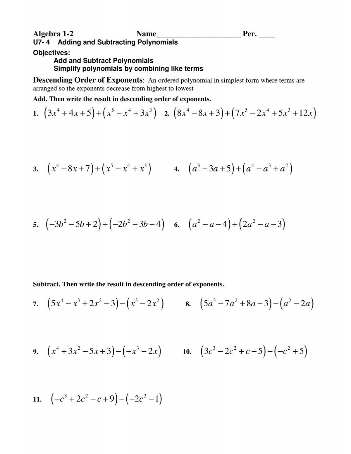 U7 4 Adding And Subtracting Polynomials pdf