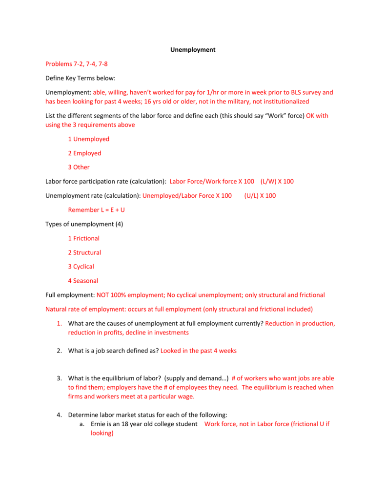 Unemployment Worksheet Definitions Calculations