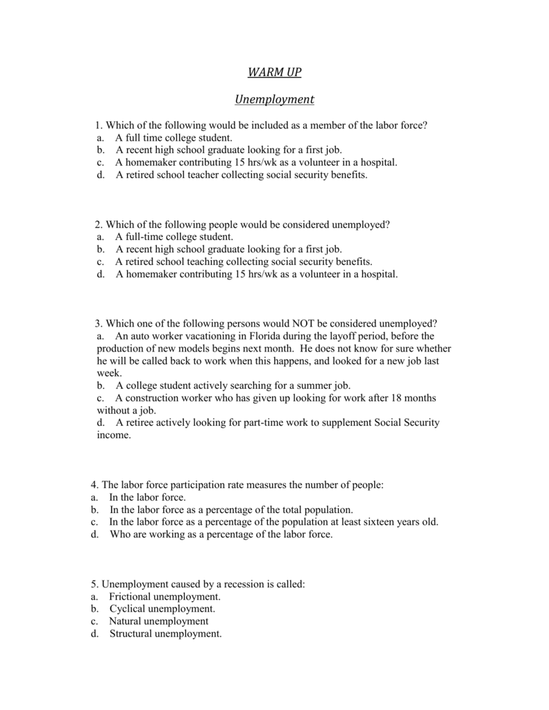 Unemployment Worksheet Economics Practice Questions