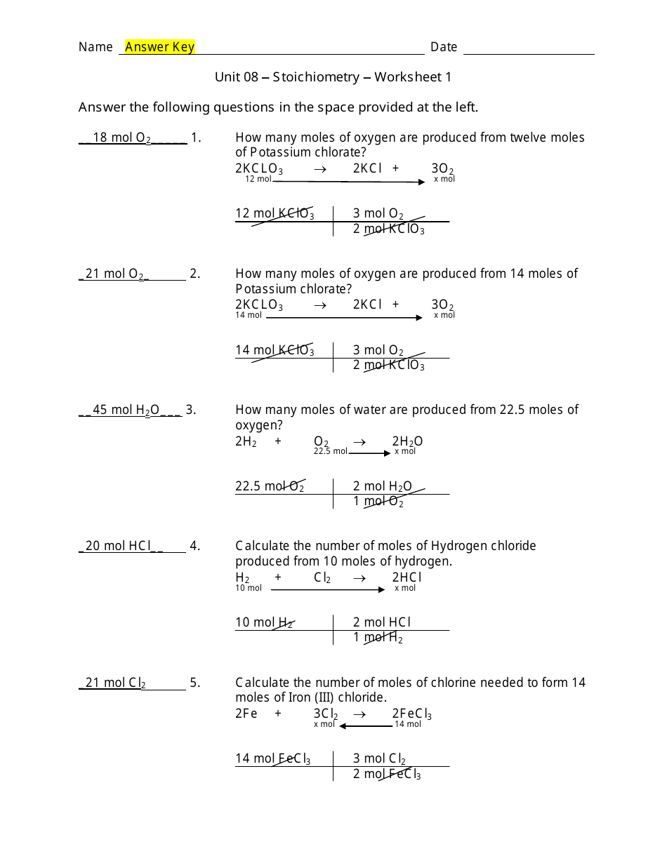 Unit 08 Stoichiometry Worksheet 1 With Answer Key Download Printable PDF Templateroller