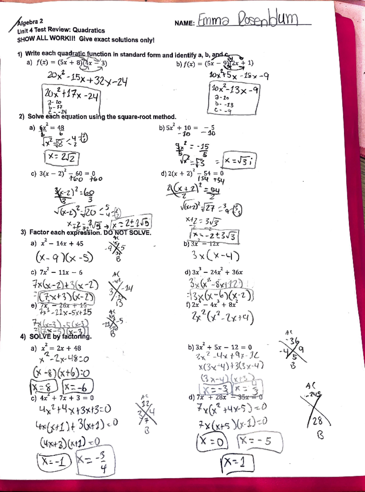 Unit 4 Test Review Quadratics Algebra 2 Studocu Unit 4 Test Review Quadratics Algebra 2 Studocu