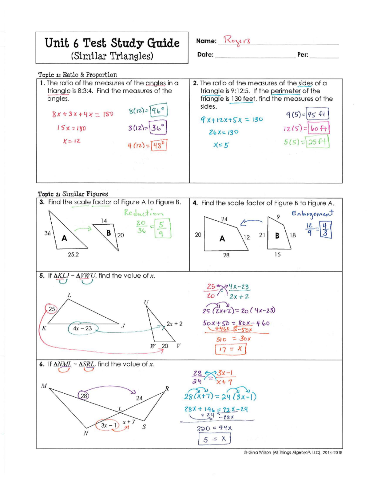 Unit 6 Similar Triangles Study Guide Solutions 3 18 25 Studocu