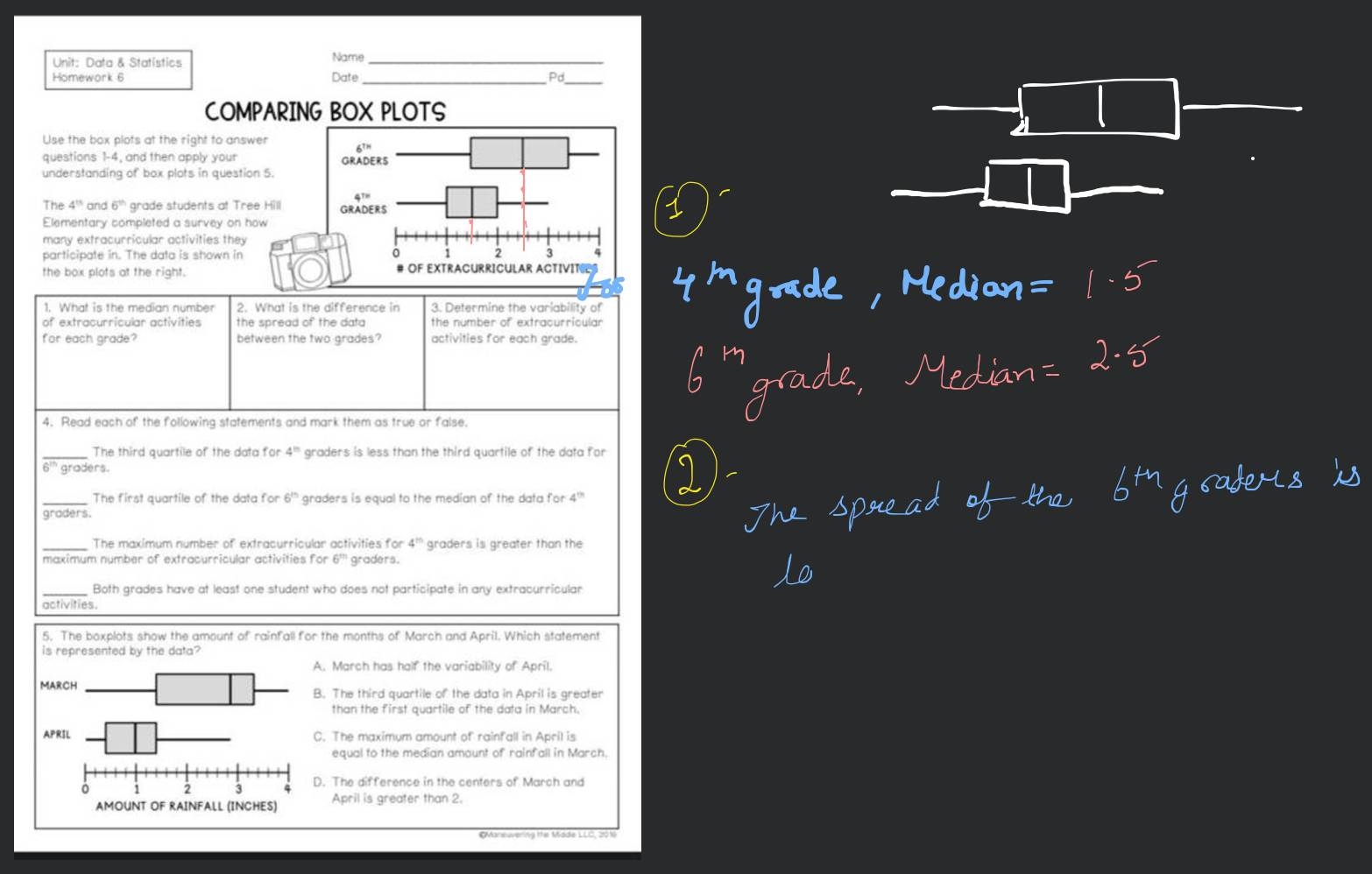 Unit Data Statistics Homework 6 Name Date Pd COMPARING BOX PLOTS Use 