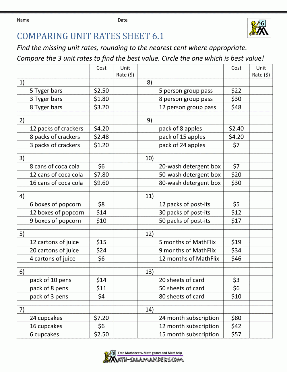 Unit Rate Problems 6th Grade Worksheets Library