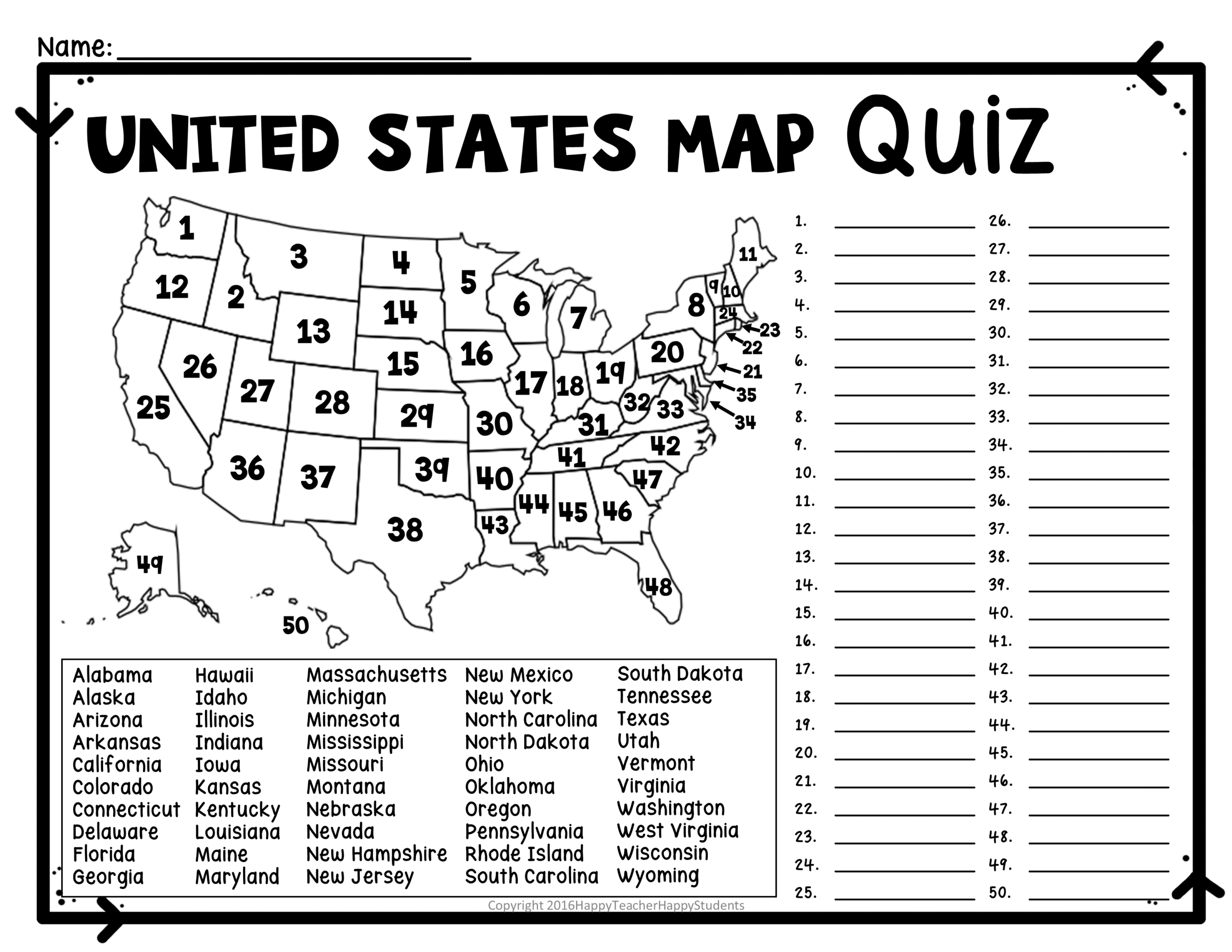 United States Map Quiz Worksheet USA Map Test W Practice Sheet US Map Quiz Classful