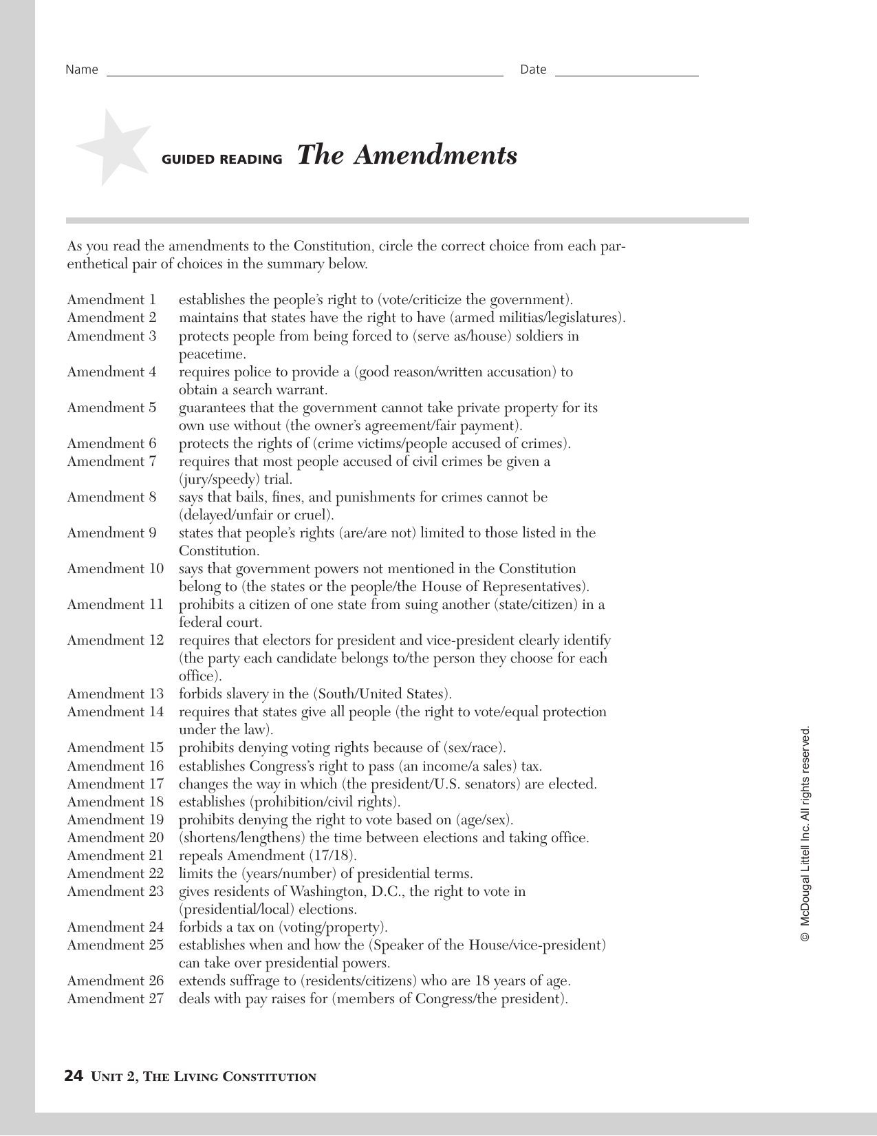 US Constitution Amendments Worksheet