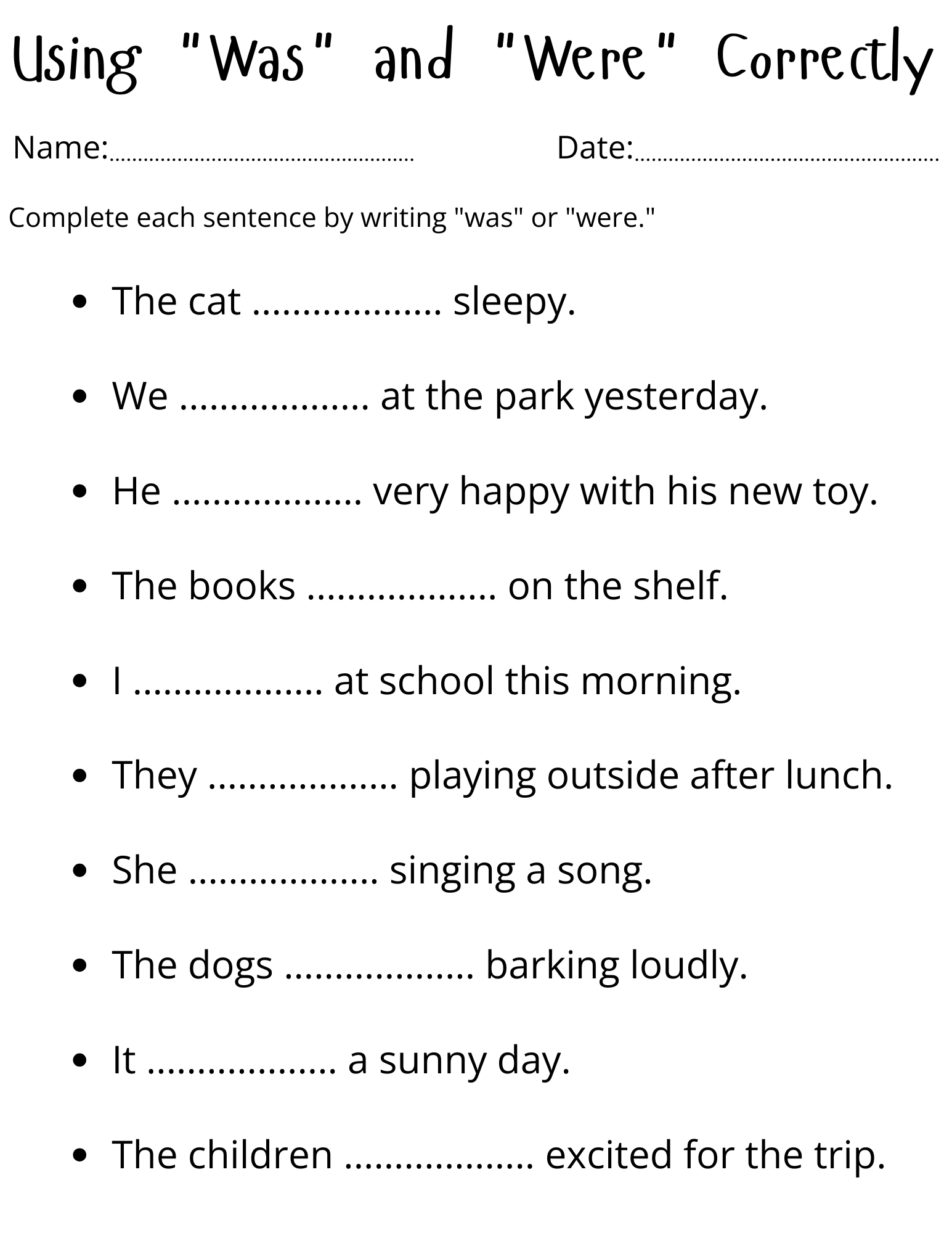 Use Of Was And Were Exercises Worksheets Simple Was Were Use In Sentence Teaching Resources
