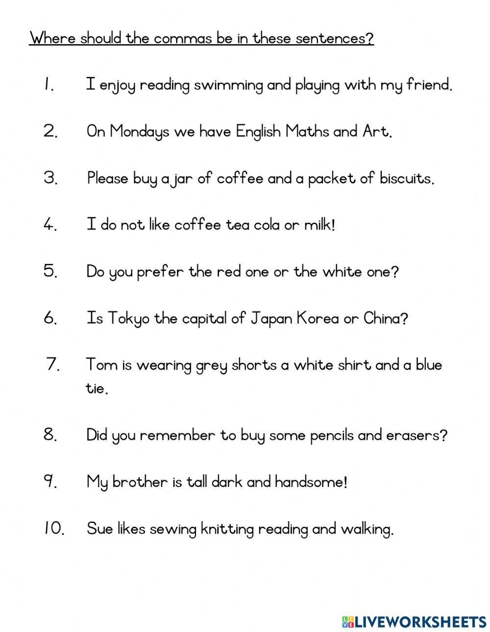 Using Commas Interactive Worksheet Worksheets Library