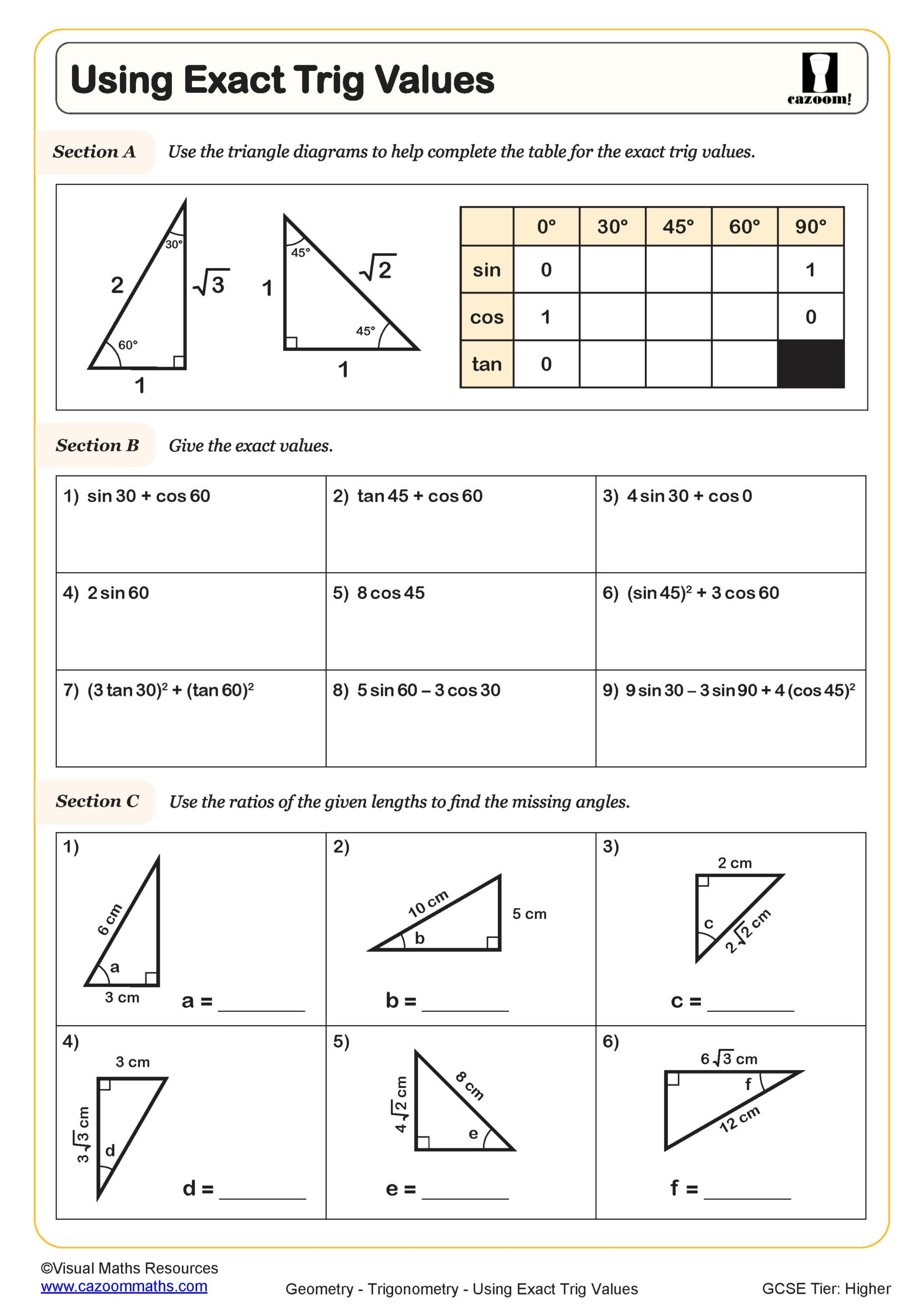 Using Exact Trig Values Free Worksheet Printable PDF Worksheets